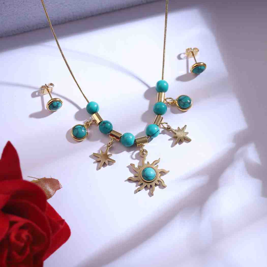 Golden Sun & Star Turquoise Pendant & Earrings Set
